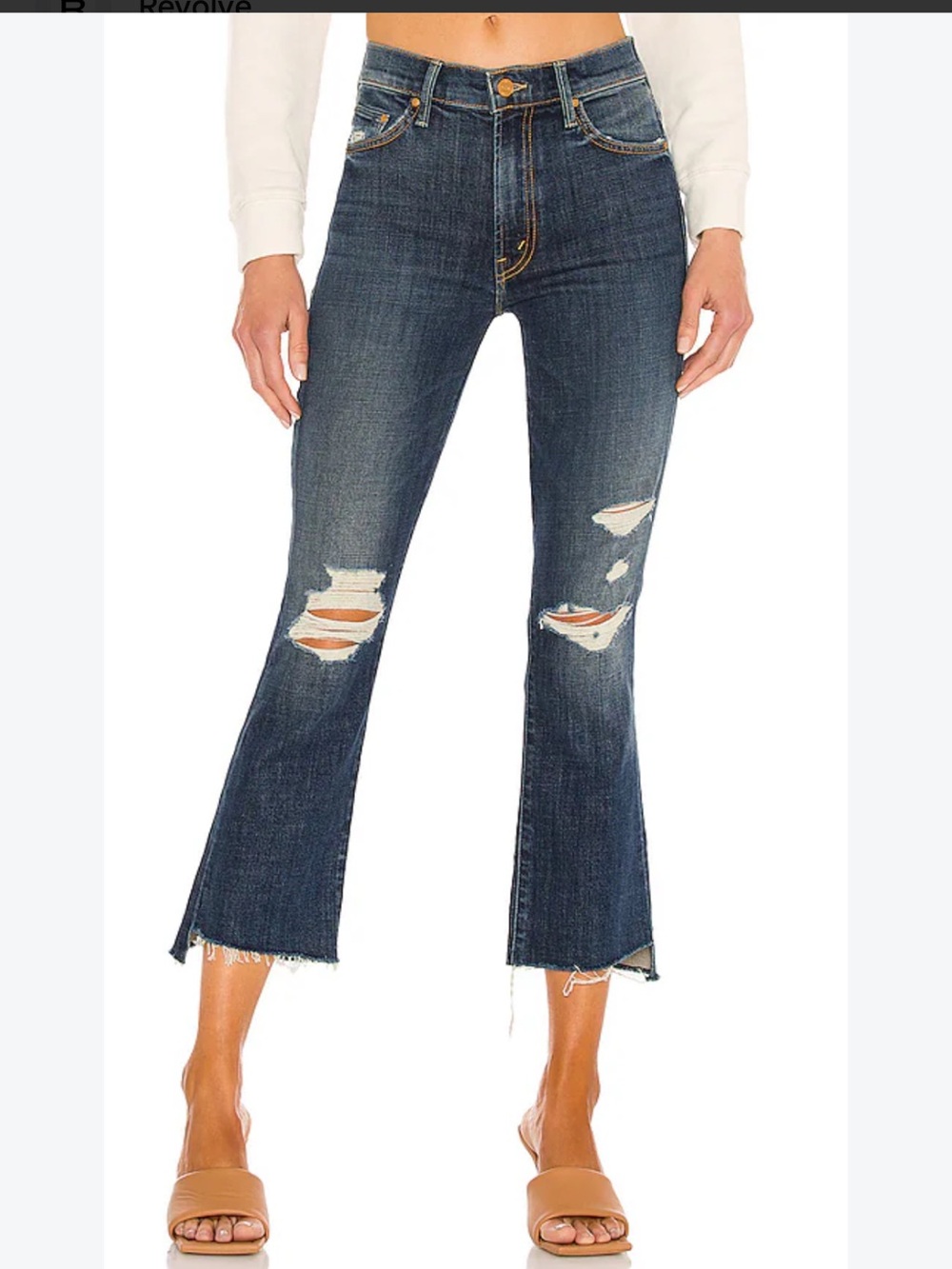 MOTHER The Insider Crop Step Fray Dark Blue Distressed Flare Jeans